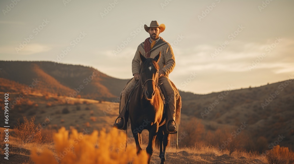 A man riding a horse in a cowboy hat