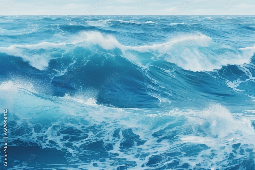 a wide view of rolling ocean waves. Generative AI