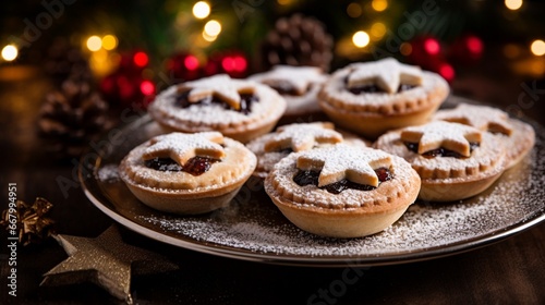 Freshly baked mince pies arranged on a festive plate, ready for a Christmas treat.