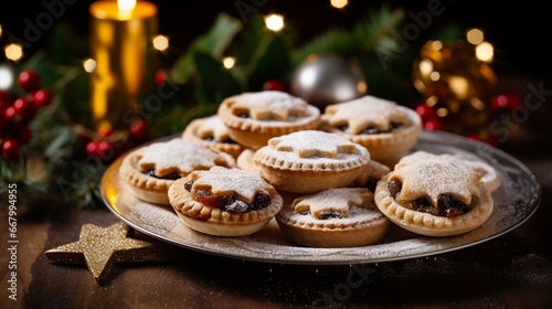 Freshly baked mince pies arranged on a festive plate, ready for a Christmas treat.