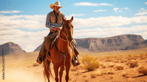 A man riding a horse in a cowboy hat © almeera