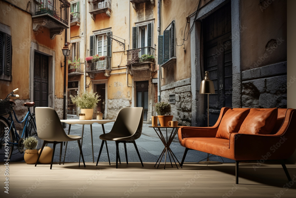 Naklejka premium a living room with a wall mural of a street scene