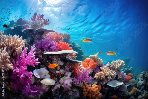 An underwater photograph of a vibrant coral reef teeming with marine life.