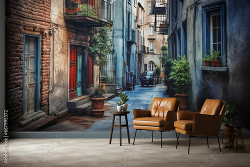 a living room with a wall mural of a street scene
