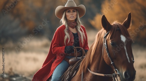 Young woman riding a horse in a cowboy hat © almeera