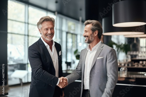 Smiling middle aged business man handshaking partner, making partnership collaboration agreement at office meeting. HR manager and new worker shake hands recruiting at job interview. 