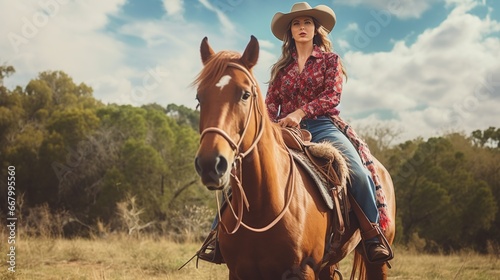 Young woman riding a horse in a cowboy hat photo