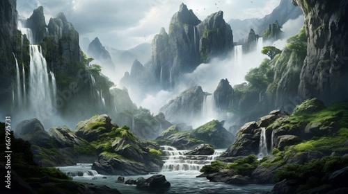 Majestic waterfalls cascading over rugged cliffs, mist rising to meet the sky.