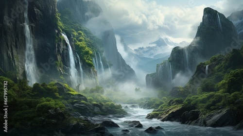 Majestic waterfalls cascading over rugged cliffs, mist rising to meet the sky.