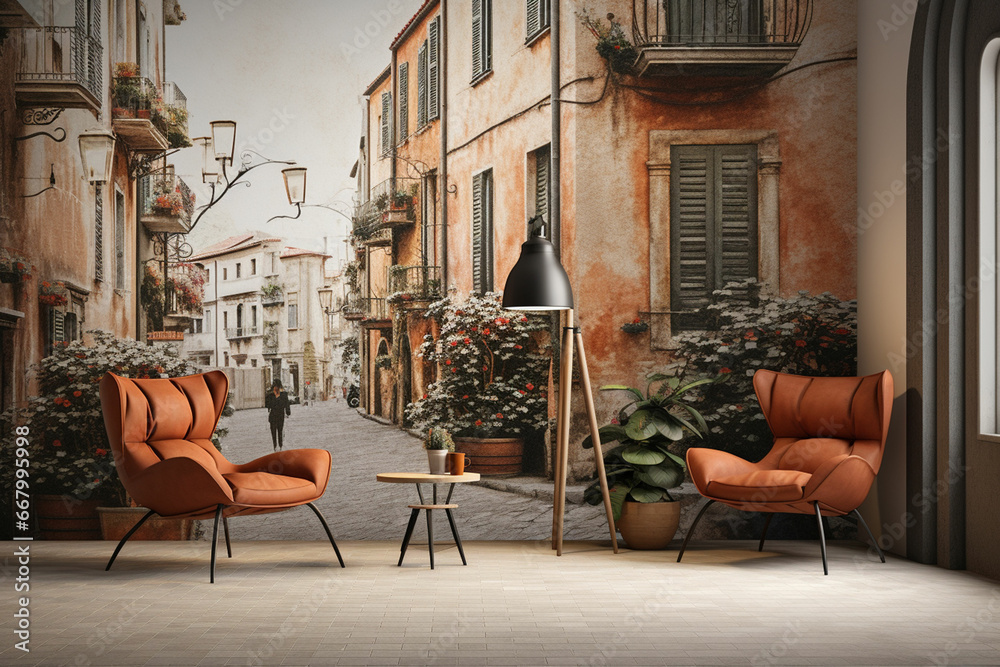 Naklejka premium a living room with a wall mural of a street scene