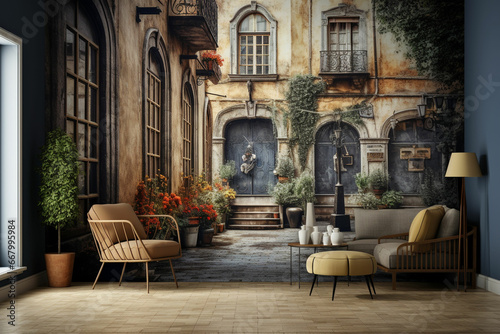 a living room with a wall mural of a street scene