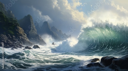 Steep cliffs overlooking the vast ocean, waves crashing fiercely below.