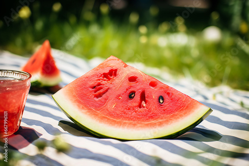 A vibrant, juicy watermelon slice on a summer picnic