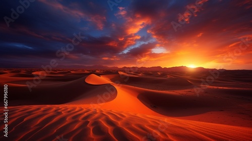 The fiery hues of a desert sunset, casting long and dramatic shadows on the sands.