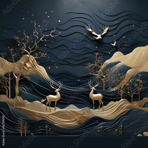 a paper art style illustration of a mountain landscape with deer