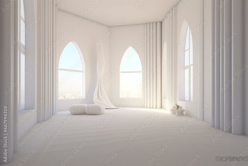 Prayer room in white color, rendered in 3D. Generative AI