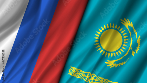 Vector wavy flags of Russia Federation and Kazakhstan. Politico economic banner. Tricolor, sun, patterns and bird.