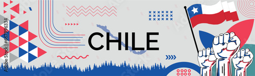 CHILE national day banner with map  flag colors theme background and geometric abstract retro modern colorfull design with raised hands or fists.