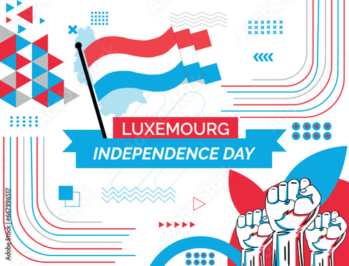 LUXEMOURG national day banner with map  flag colors theme background and geometric abstract retro modern colorfull design with raised hands or fists.