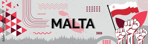 Malta national day banner with map, flag colors theme background and geometric abstract retro modern colorfull design with raised hands or fists.