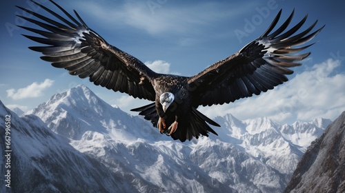 The majestic flight of a condor, captured against the backdrop of a vast mountain range.