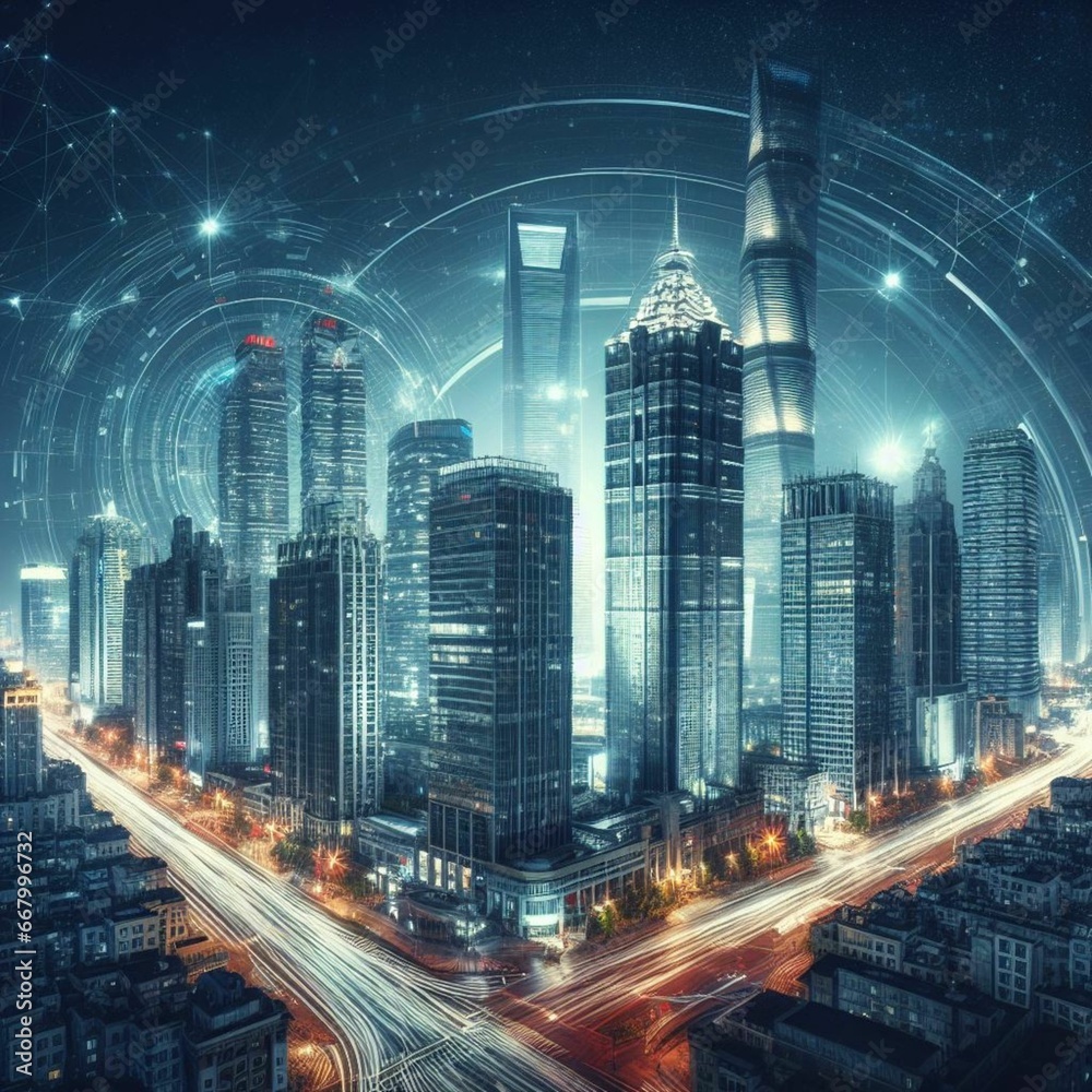 Obraz premium A city in the view of a satellite preparing to send data, generative AI