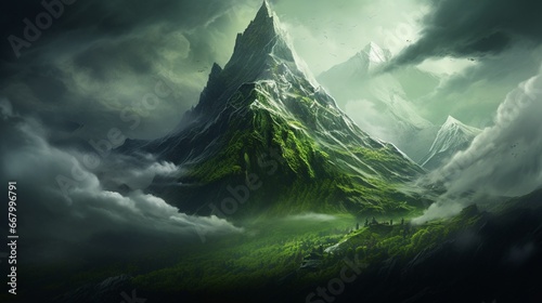 The majestic rise of a mountain peak, covered in green and challenging the heavens.