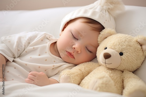 Cute little baby sleeping in bed with teddy bear, closeup, Newborn baby sleeping with a teddy bear on a comfy white bed, AI Generated