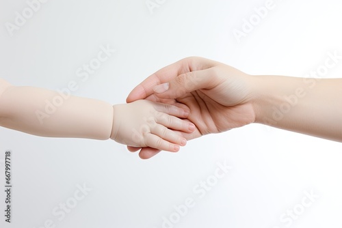 Hand of mother holding hand of daughter on white background, closeup, Newborn baby and mother holding hands on a white background, Hands close up, no hand deformation, AI Generated