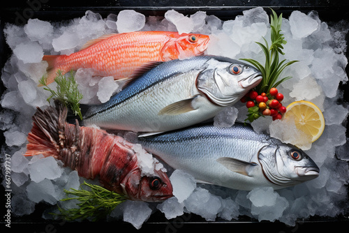 fresh fish on ice with lemon and rosemary
