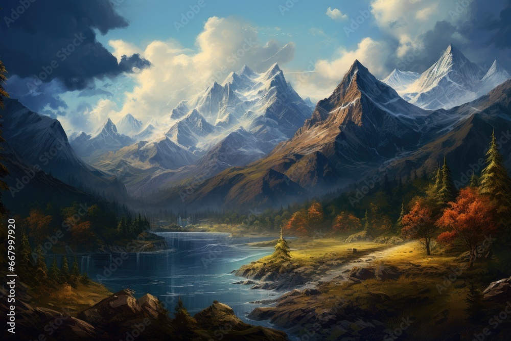 Mountain landscape with lake, forest and mountains. Digital painting, panorama of the mountains, AI Generated