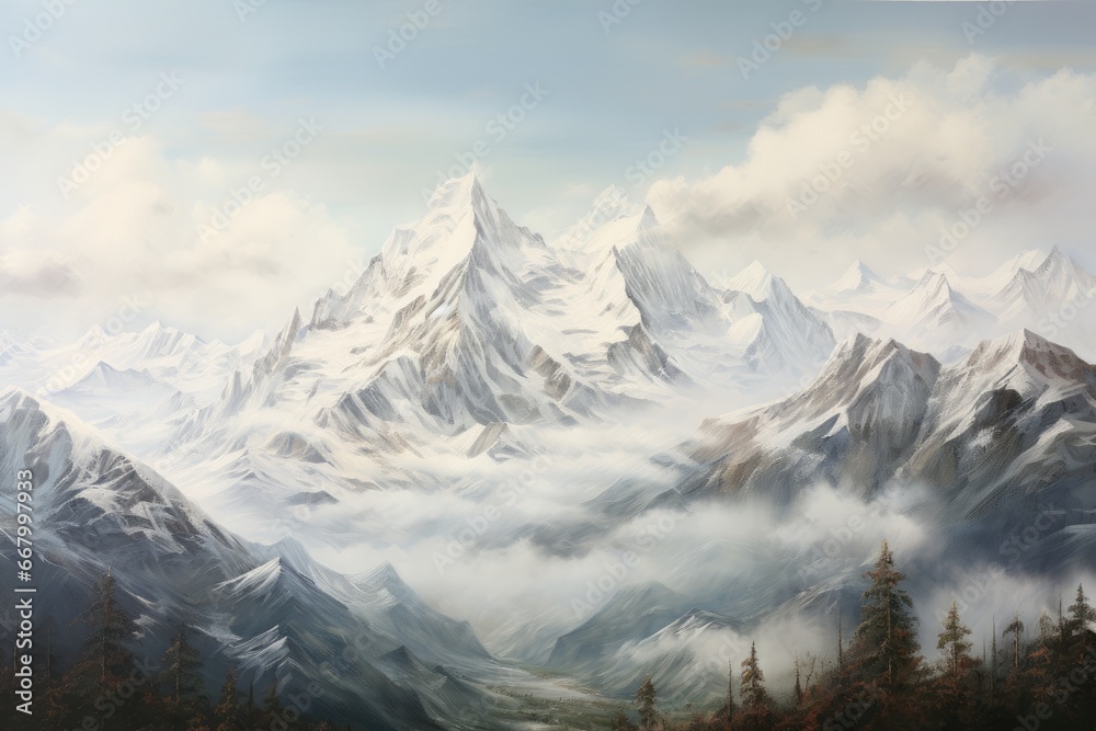 Mountain landscape with snow-capped peaks and coniferous forest, panorama of the mountains, AI Generated