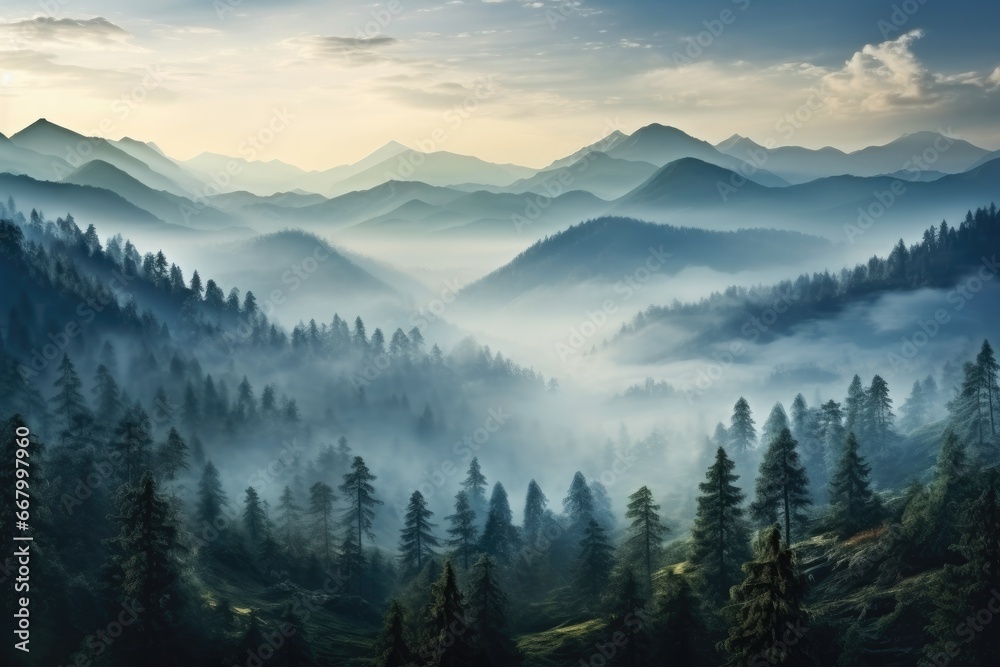 Foggy morning in the mountains. Landscape with coniferous forest and mountains, Photo realistic illustration of mountains forest fog morning mystic, AI Generated