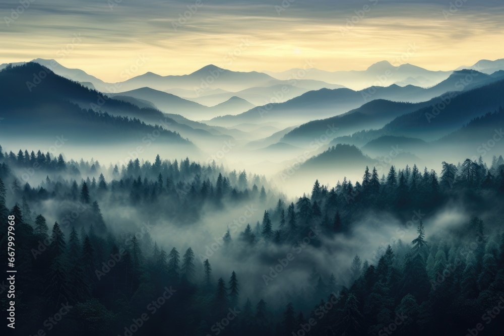 Landscape with fog in the mountains. Sunrise in the mountains, Photo realistic illustration of mountains forest fog morning mystic, AI Generated