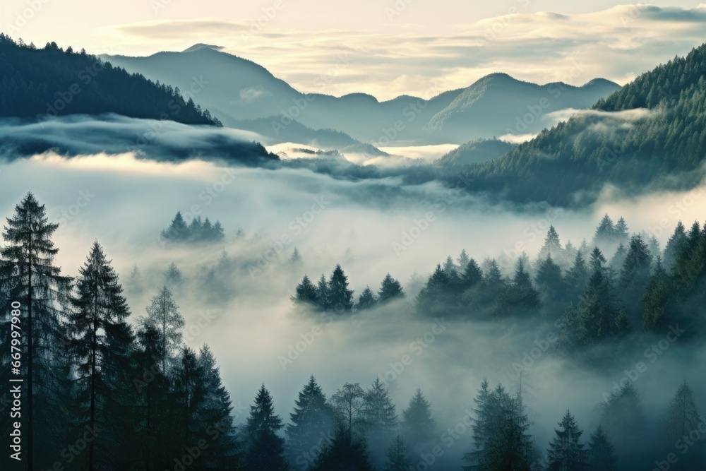 Foggy morning in the Carpathian mountains, Ukraine, Photo realistic illustration of mountains forest fog morning mystic, AI Generated