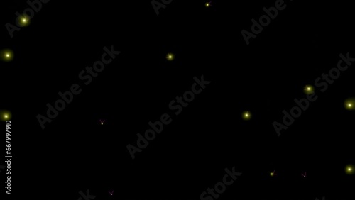 Dozens fireflies flying and twinkling animation in the black background.