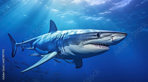 Ocean scary shark Open mouth with many teeth, Underwater blue sea. AI generated image © prastiwi