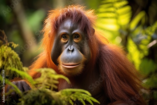 Orangutan in the rainforest of Borneo, Malaysia, Orangutan Pongo pygmaeus in the rainforest of Sumatra, Indonesia, AI Generated photo