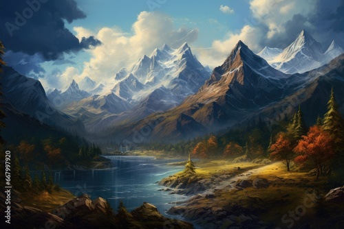 Mountain landscape with lake  forest and mountains. Digital painting  panorama of the mountains  AI Generated