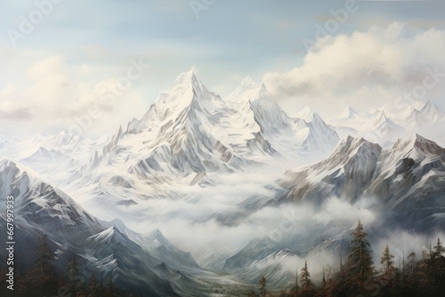 Mountain landscape with snow-capped peaks and coniferous forest  panorama of the mountains  AI Generated