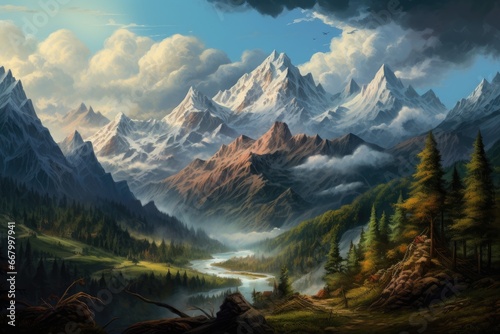 Fantasy landscape with mountain lake and forest. Digital painting illustration  panorama of the mountains  AI Generated