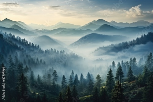 Foggy morning in the mountains. Landscape with coniferous forest and mountains  Photo realistic illustration of mountains forest fog morning mystic  AI Generated