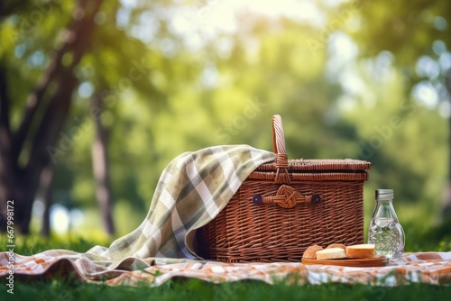 Picnic basket with checkered blanket on green grass in park, Picnic Basket with napkin on nature background, AI Generated