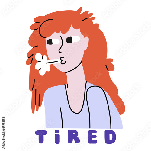 A tired girl with disheveled hair exhales. Flat vector illustration in violet and orange colours isolated on white background