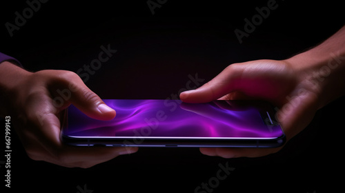 Realistic hand of a guy or woman clutching a purple wallpaper on mobile