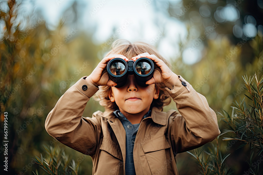 Little boy looking through binoculars in the park. Kid exploring nature Little boy looking through binoculars in the park. Kid exploring nature