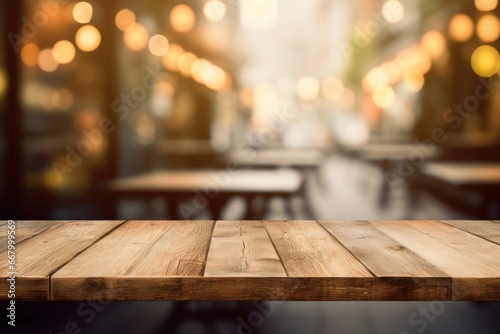 The empty wooden table top with blur background of cafe. Exuberant image. generative ai