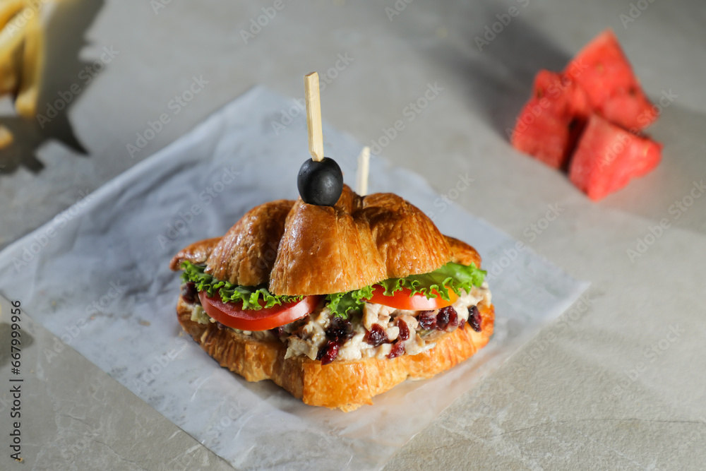 Φωτογραφία Harvest Chicken Sandwich with french fries and mayonnaise dip isolated on napkin