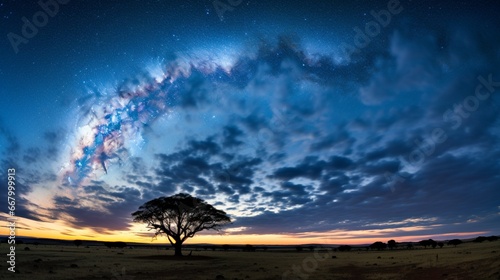 The milky way in all its glory, stretched across a clear night sky over tranquil plains.