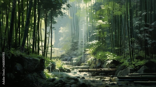 The play of sunlight and shadows in a dense bamboo forest, the air cool and green.